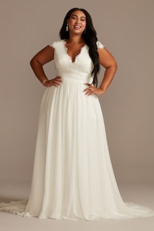 Lace Illusion Back Chiffon Plus Size Wedding Dress